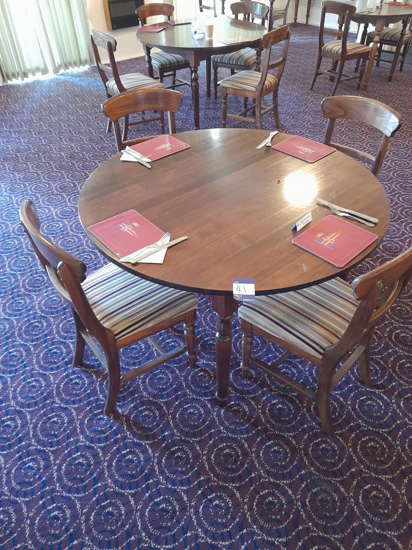 Wooden table, 4' diameter & four chairs