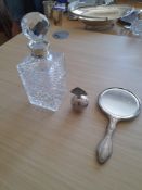 Glass spirit decanter with hallmarked silver mount, Hallmarked silver mirror, Hallmarked silver
