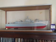 Cased model of a gunboat & small model galleon