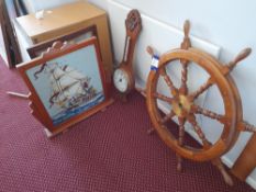 Ships wheel, oak barometer and three needle work fire screens