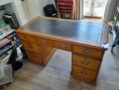 Victorian oak twin pedestal campaign desk, tooled leather inlay and chair