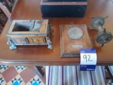 Antique puzzle box, silver mounts A/F, brass model capstan & mounted medal