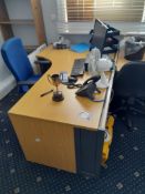 3 Desks, 2 filing cabinets, steel cabinet, low cupboard & 3 chairs