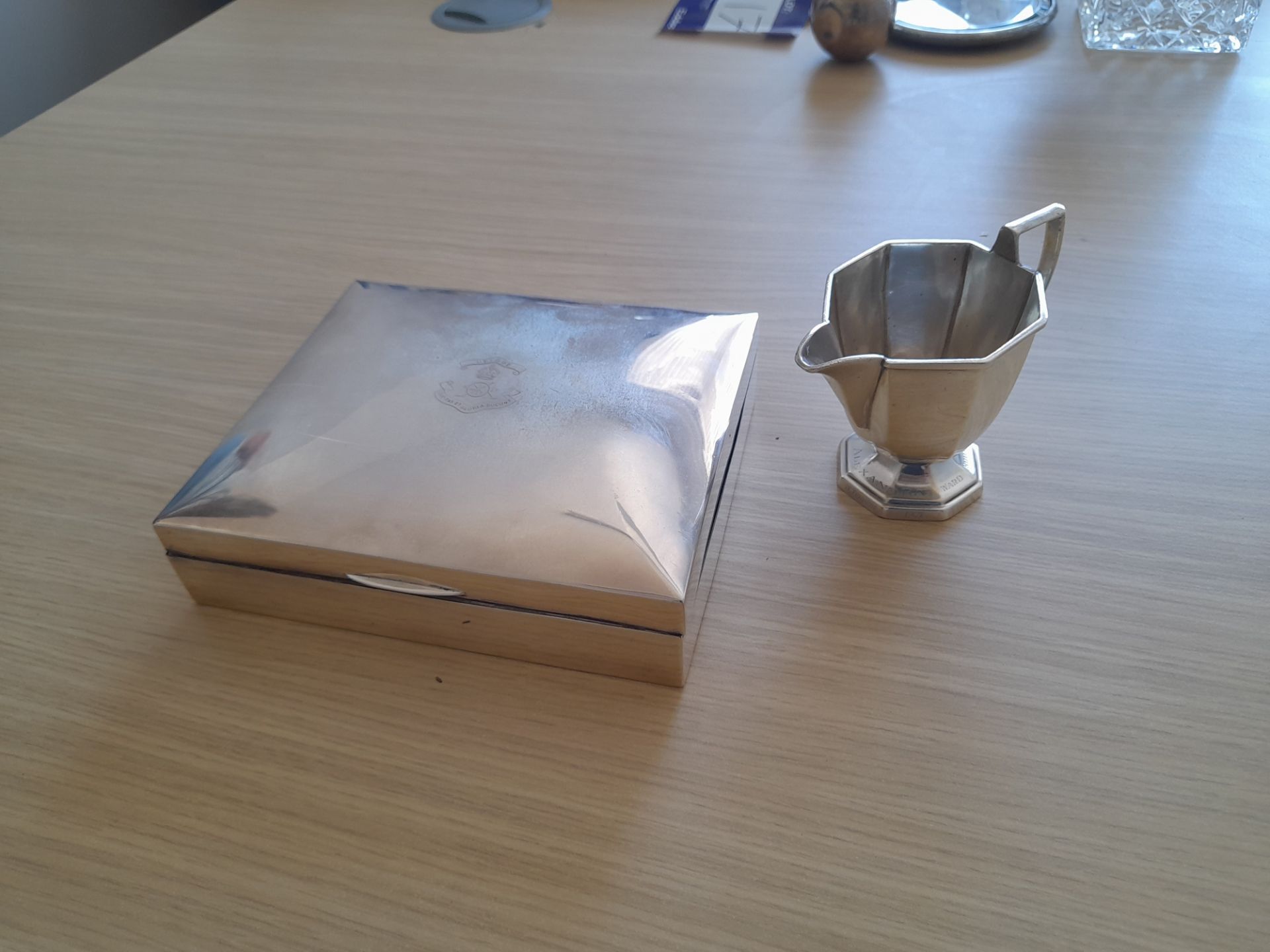 Hallmarked silver cream jug "HM Yacht Alexandra " & hallmarked silver cigarette case