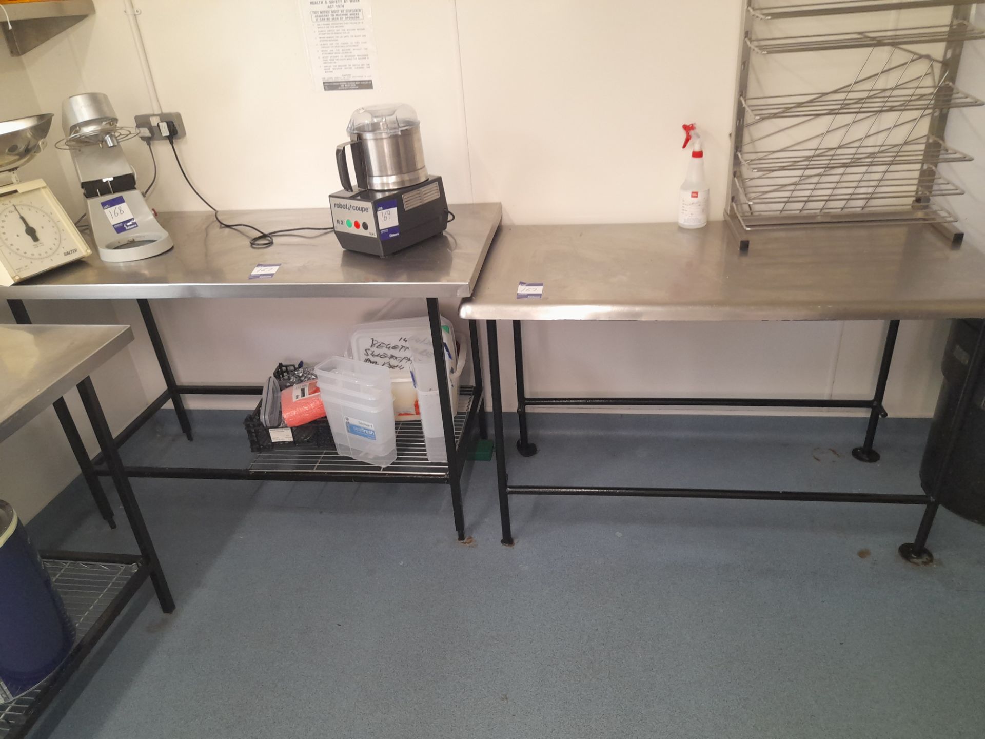 2x Various stainless steel topped tables