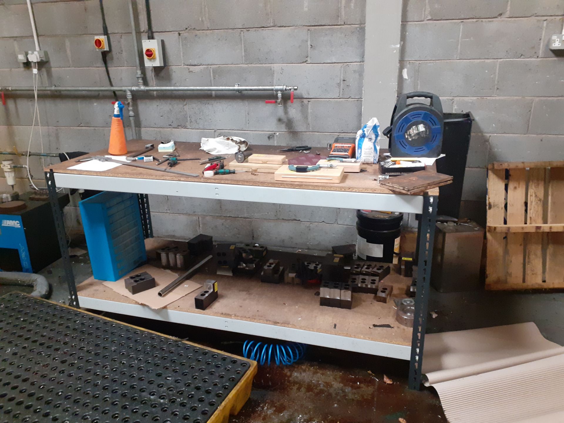 Two steel workbenches, two shelving units & cabinet including contents - Image 2 of 3