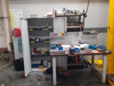 Two steel workbenches, two shelving units & cabinet including contents