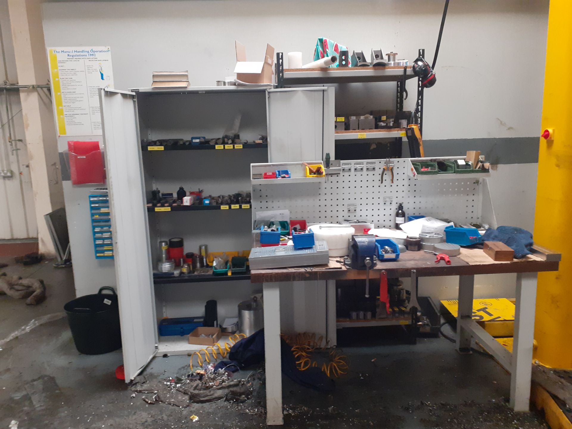 Two steel workbenches, two shelving units & cabinet including contents