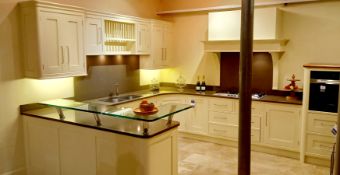 Lime white in frame kitchen with solid quartz worktop, Frankie sink and tap (appliances not