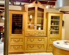 European oak Honey finish glass fronted cabinet with subzero wine fridge & refrigerator unit.