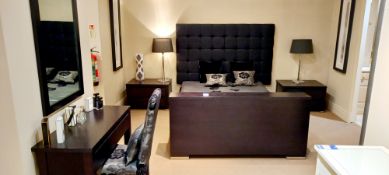 Black oak veneer bedroom to include double bed with remote controlled hidden TV, 2 x bedside tables,