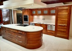 American black walnut in frame kitchen with solid quartz/resin worktops, to include island unit,