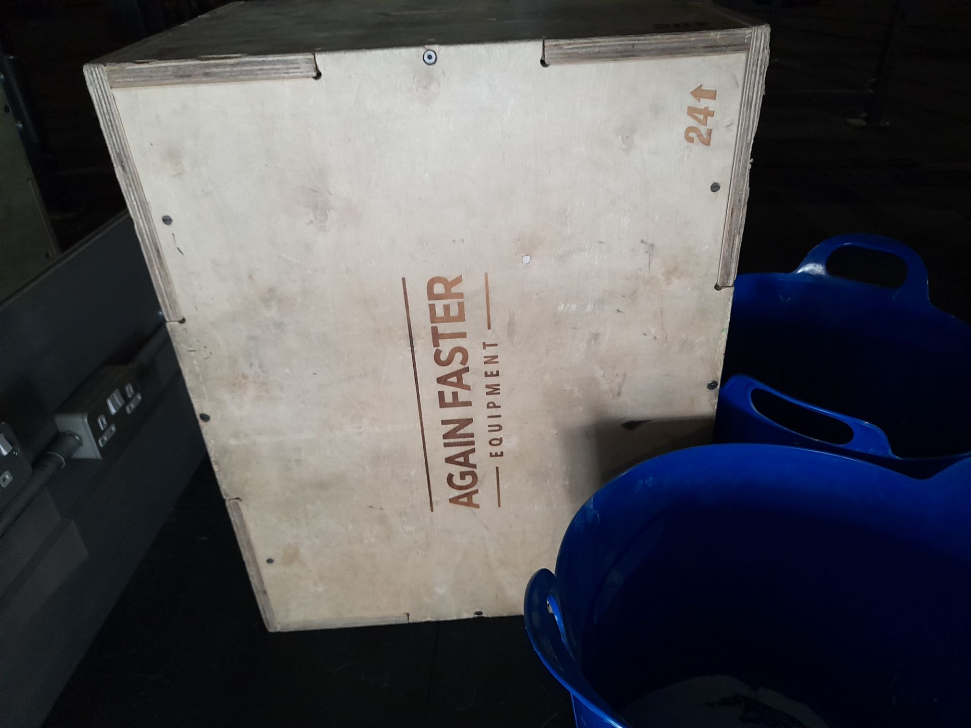 Again Faster Wood Plyo Box (Approx 20” x 24” x 30”) and 2 Blue Buckets With Small Quantity of Chalk - Image 2 of 7