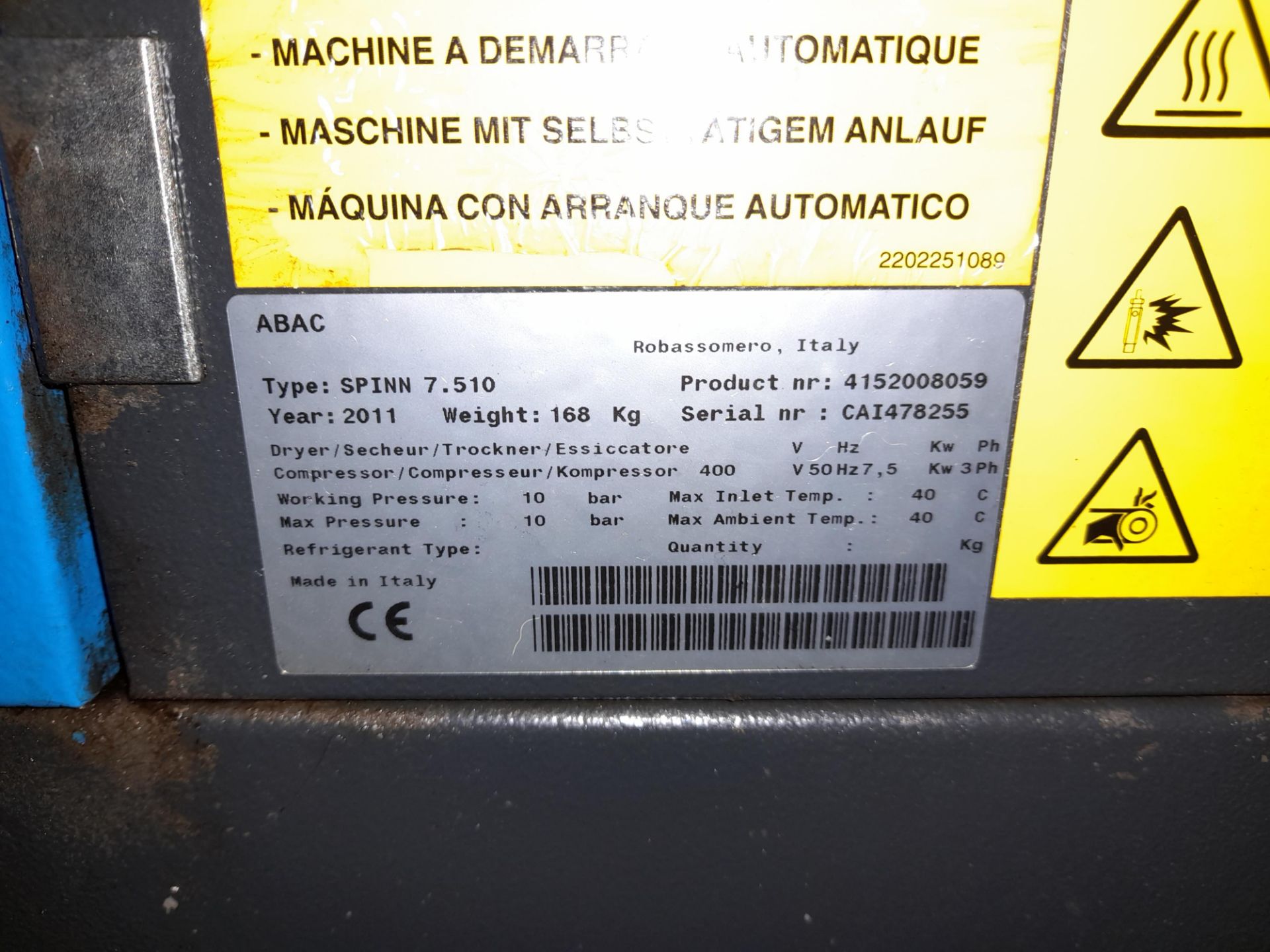 ABAC Spinn 7.510 Compressor, Serial Number CAI478255, Year 2011 - Please note, there is no lifting - Image 2 of 3