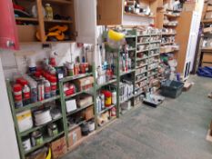 Contents of Store Room as per photographs to include : 6 bays of green boltless shelving, Various