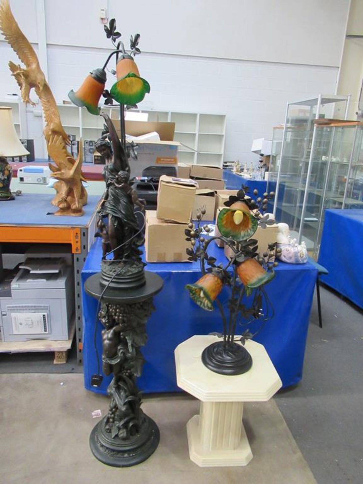 2x Tiffany Style Lamps, one on ebonised stand, one on alabastal style stand