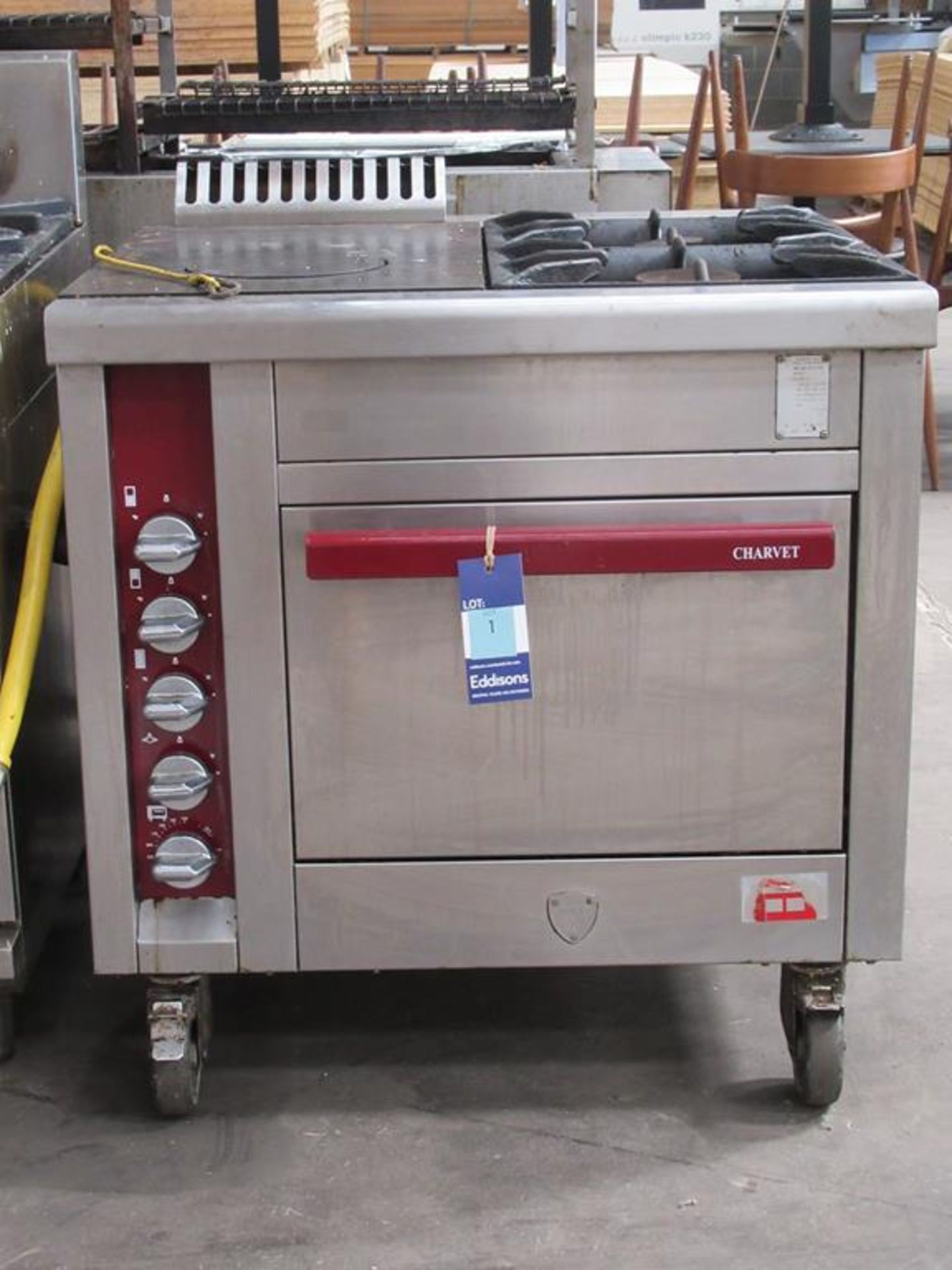 Charvet twin burner and hot plate gas cooker on four castors 900mmx850mm8900mm