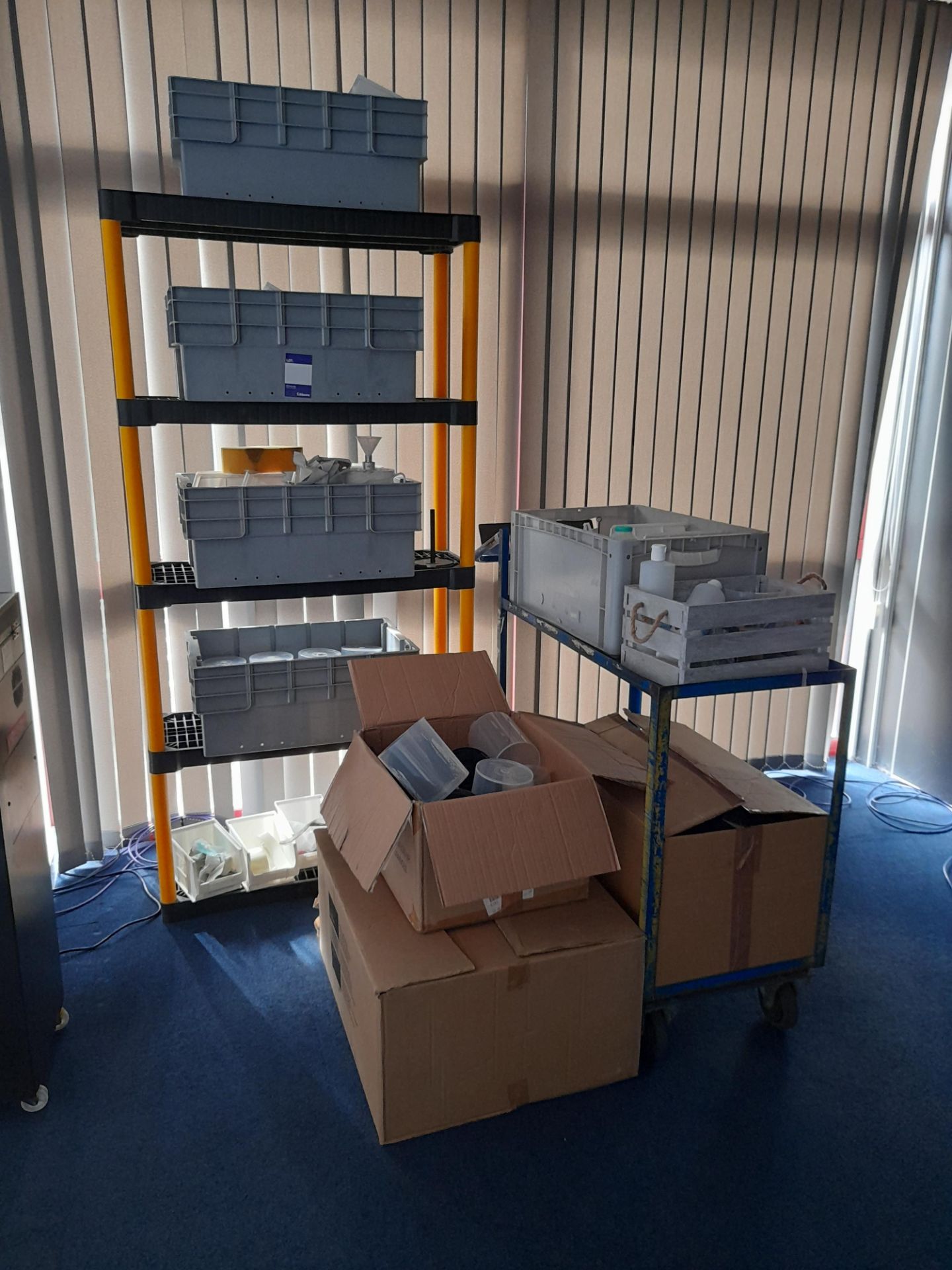 Plastic 5 Tier rack with various disk cleaning consumables (Including box to floor and trolley) - Image 2 of 2