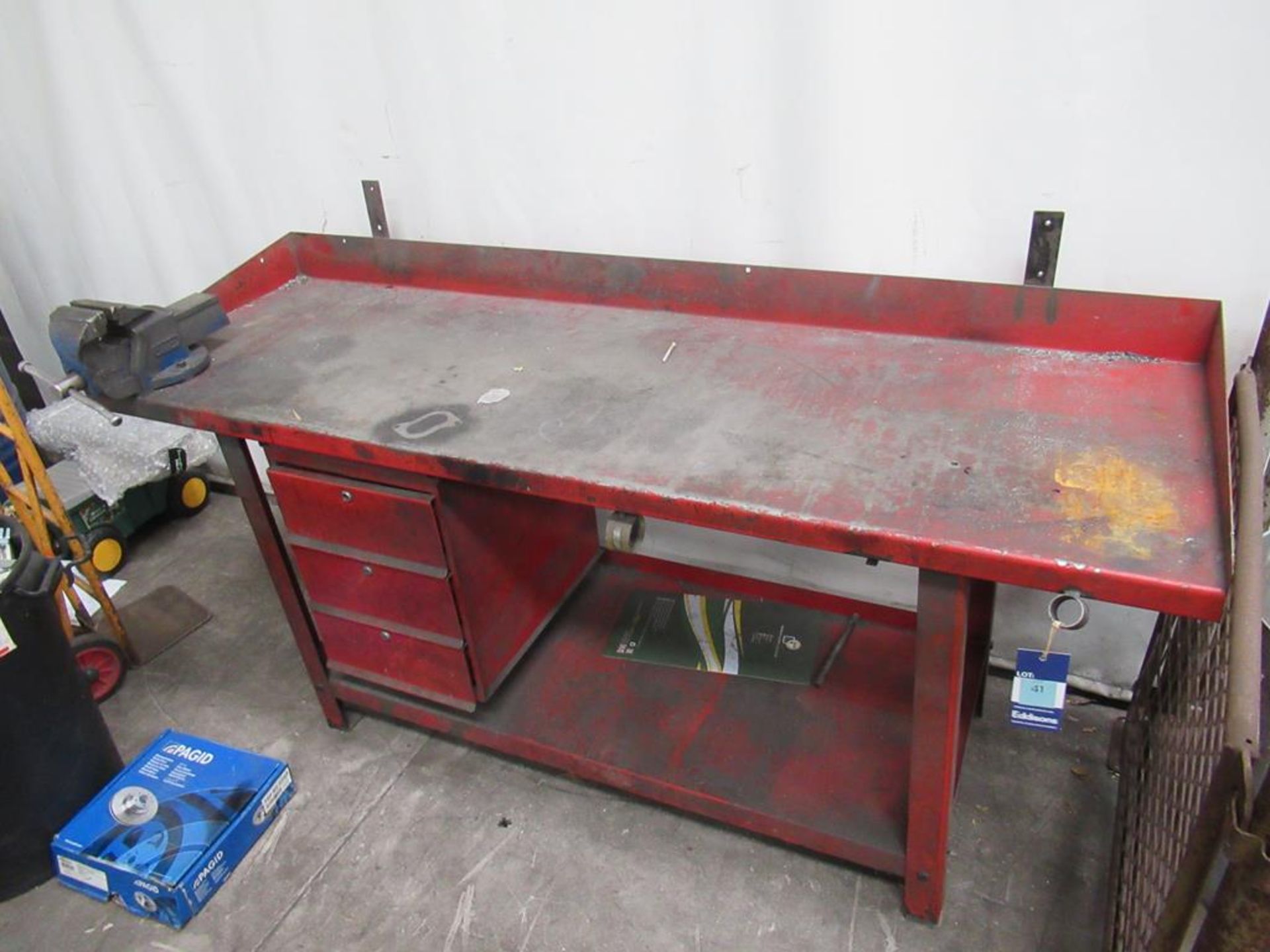Metal Work Bench with Three Drawers, Undertier, Splashback and a Record No.4 Vice