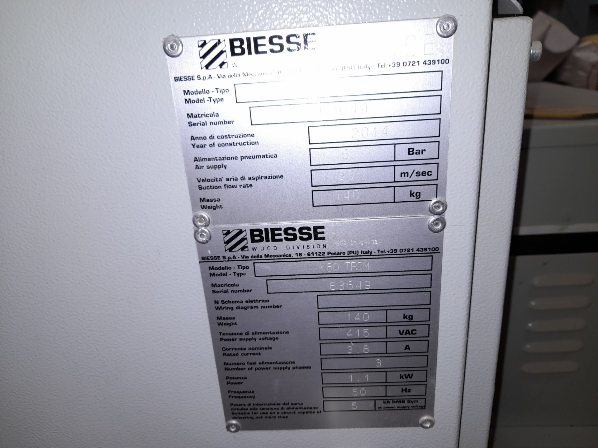 Biesse K60 Trim, Serial Number 63649, Year 2014 (C - Image 3 of 3