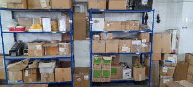 Two Bays of Boltless Steel Shelving and Contents including Marsk TD 2100 Tape Dampener & Various Tap