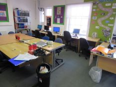 13 various desks and tables with 18 chairs