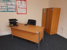 Single ped desk with swivel chair and double door wooden cupboard (located on the 2nd floor with