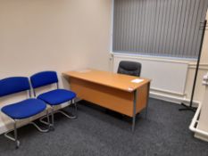 Contents of private office to include single ped desk, 3 swivel chairs, table, 2 – leaflet stands,