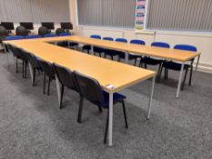 8 - Various two-person desks, approx.1200mmx800mm, with 16 various meeting chairs, to centre of room