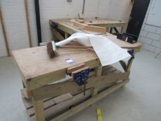 3 various timber work benches with 4 bench mounted vices