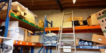 Contents of 4x Shelves of Pallet Bay Racking & Wooden Shelving Unit. To include plastic bracketry, m