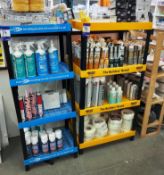 Assortment of Expanding Foam, Sealant, Stain Block, Glass Cleaner to 2x Shelving Units.