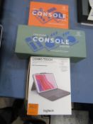 A Logitech Combo Touch iPad Case & Keyboard, a Loupedeck CT, A Monogram Creative Console Master and