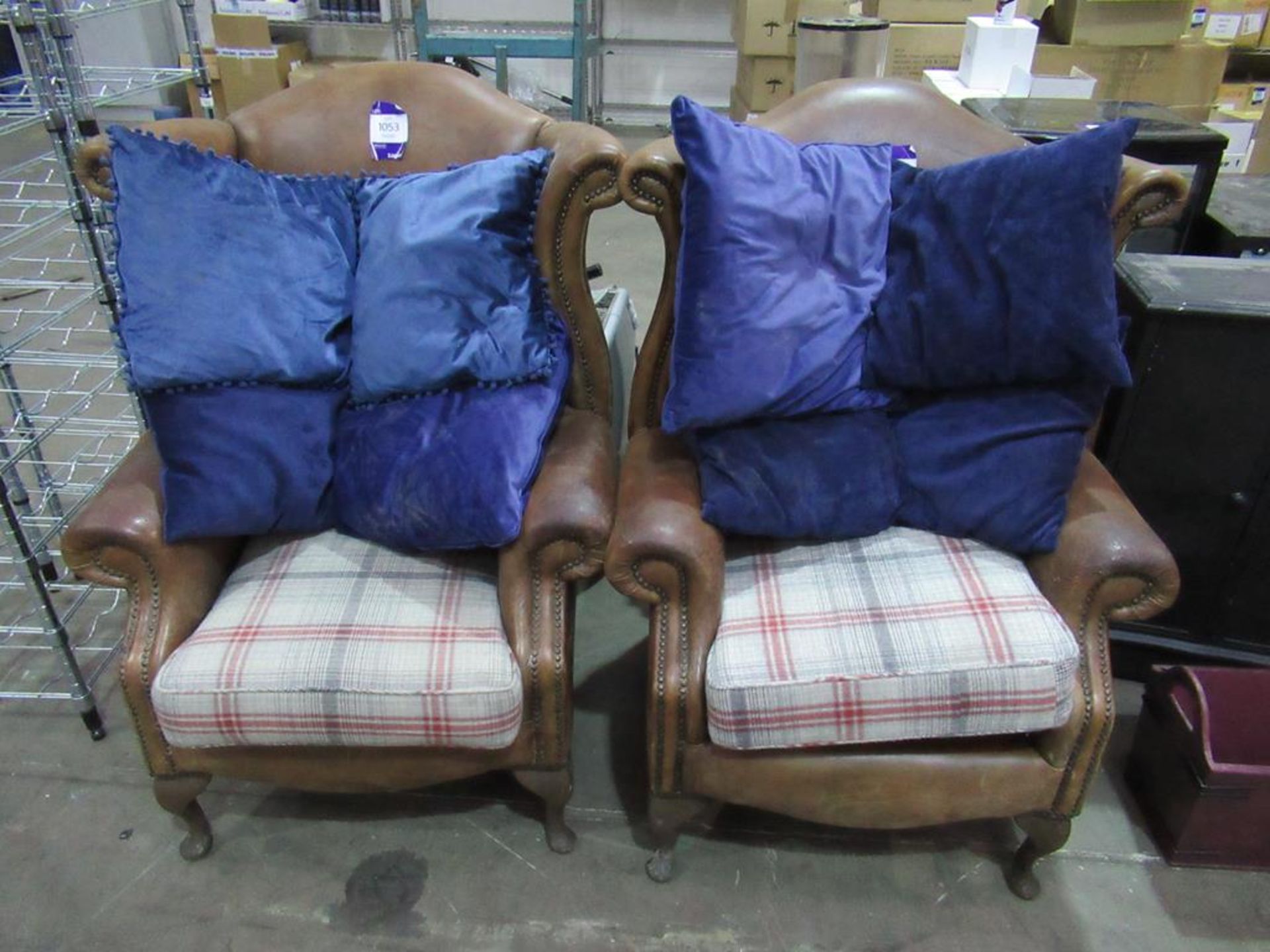 2x Brown Arm Chairs and 8x Cushions