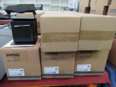 3x Sam45 Gcube Series Receipt Printers, and 3x Boxapos Printer Stands/Tablet Holders