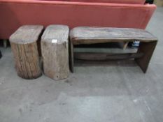 2x Wooden Stools & 1x Wooden Bench