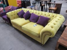 Yellow Suede Chesterfield Two-Seater Sofa with Purple Scatterback Cushions