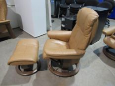 Stressless Scandinavian Tan Leather Reclining Armchair with Footstool.