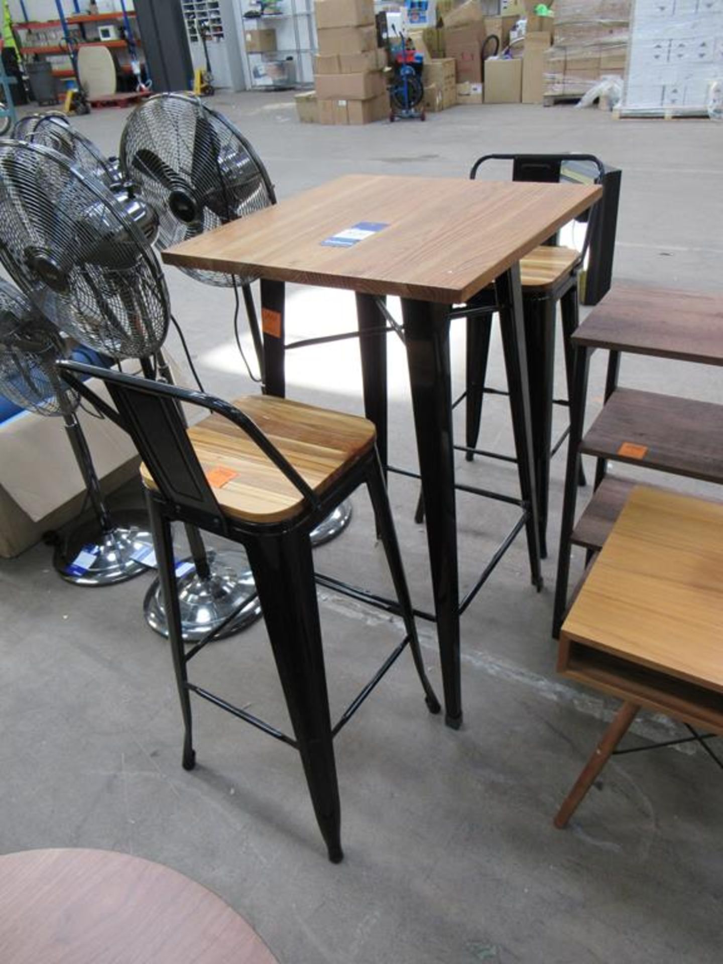 Wooden Topped, Black Painted, Metal Based Table and 2x Matching Highchairs.