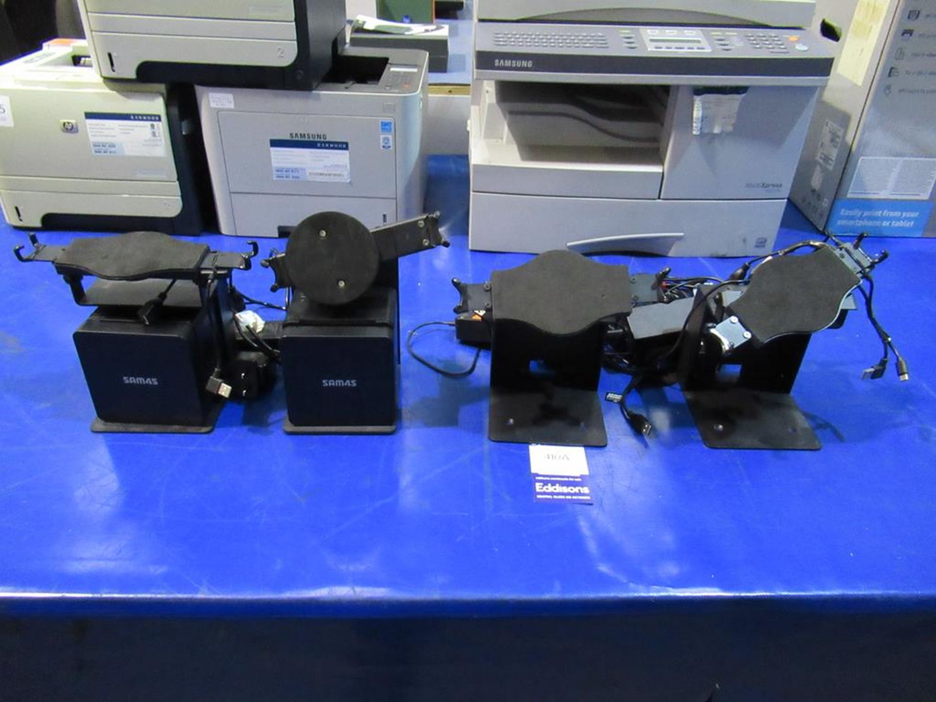 2x Used SAM4S Gcube Series Receipt Printer and 4x Various Stands & Cabling (unknown condition)