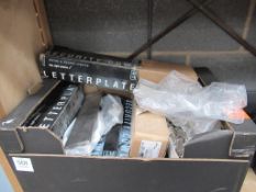 Box of ironmongery including hinges letterboxes etc