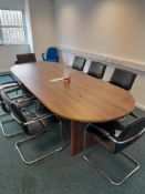 Dark wood effect 8 person two part double D End boardroom table with 8 leather effect chrome