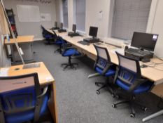 Office furniture to room to include 7 x various desks, 7 x swivel chairs, three drawer pedestal,