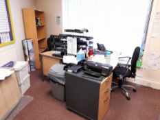 Contents to office to include 2 x various desks, 2 x chairs, 2 x bookcases, two drawer pedestal,