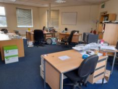 Contents to office to include 7 x various desks, 8 x various chairs, table, bookcase, Four drawer