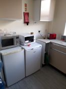 Loose contents to kitchenette including 2 x fridge, 2 x microwave, toaster & kitchen sundries. (