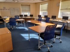Office furniture to room to include 4 x single person desks, 8 various 2 person desks, 9 chairs,