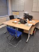 Office Furniture to room to include 4 x various tables, 2 x swivel chairs, 6 x various meeting