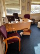 Office Furniture to reception room to include 2 x single pedestal desks, 2 x wooden 4 drawer
