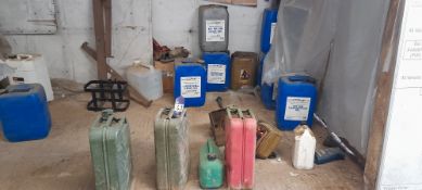 3 x Metal jerry cans with part filled cans of various gear & transmission oil